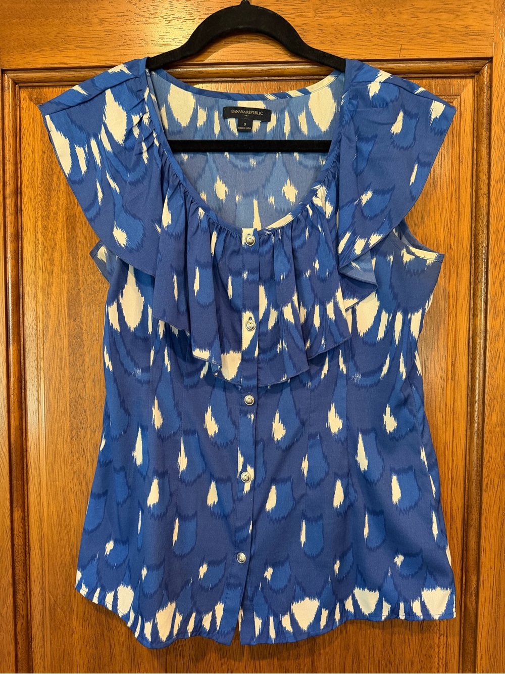 Banana Republic Blue and White Ruffle-Front Button Down Top